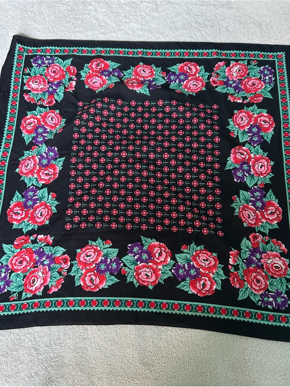 VIntage Black Floral Square Scarf with Pink & Green Roses
